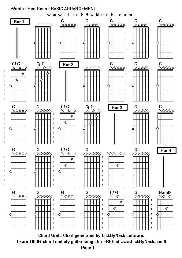 Chord Grids Chart of chord melody fingerstyle guitar song-Words - Bee Gees - BASIC ARRANGEMENT,generated by LickByNeck software.